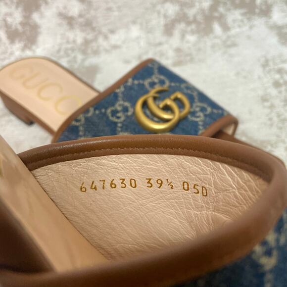 Gucci Jolie Double G Denim Logo & Cognac Leather Slides - Picture 11 of 13